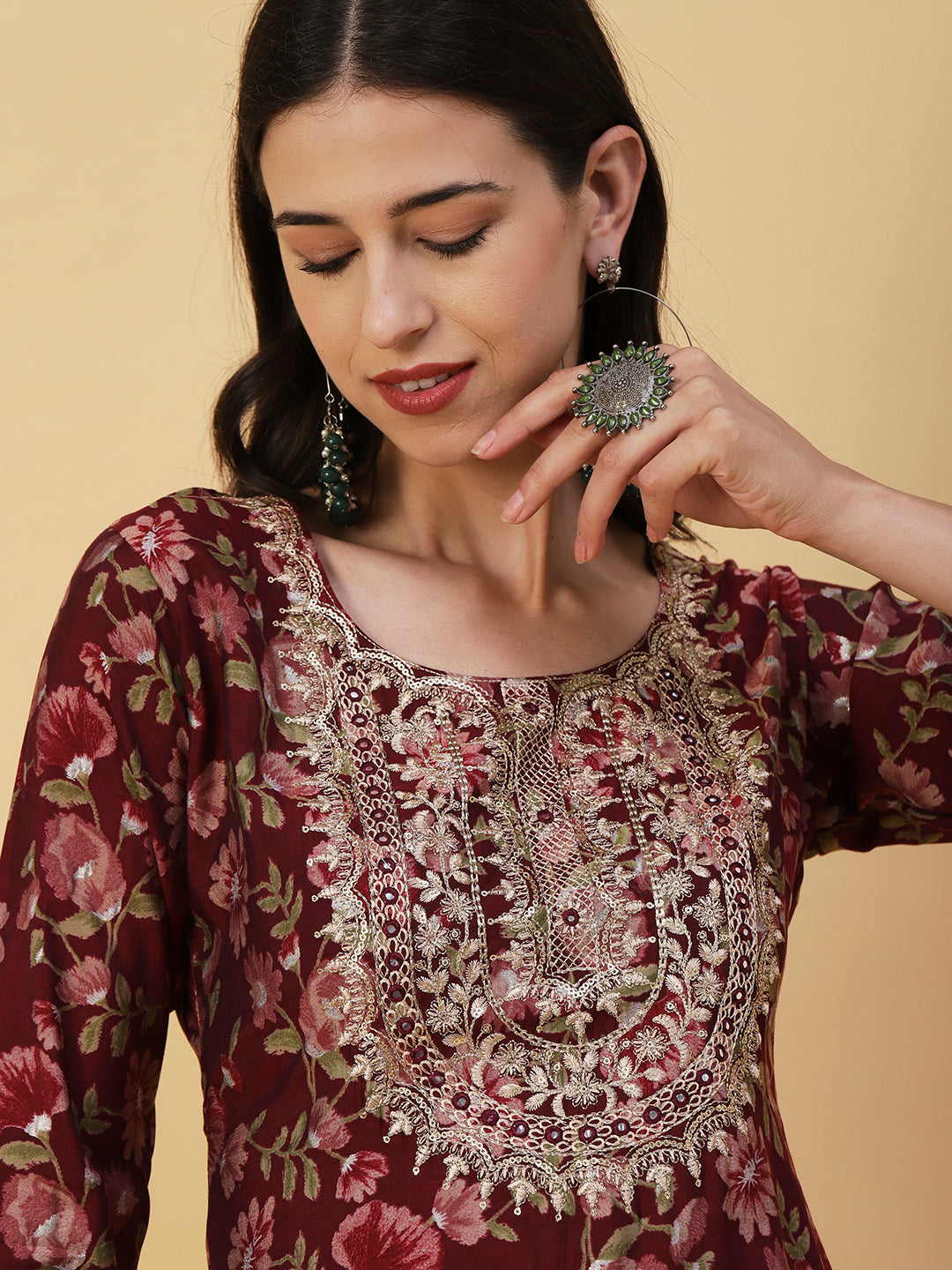 Floral Printed Mirror, Zari & Sequins Embroidered Kurta - Maroon