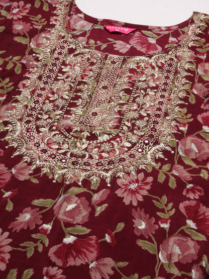 Floral Printed Mirror, Zari & Sequins Embroidered Kurta - Maroon