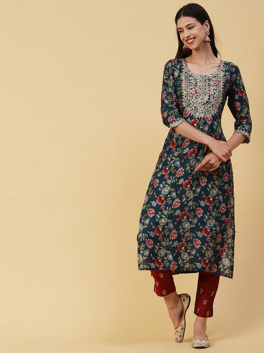 Floral Printed Mirror, Zari & Sequins Embroidered Kurta - Teal