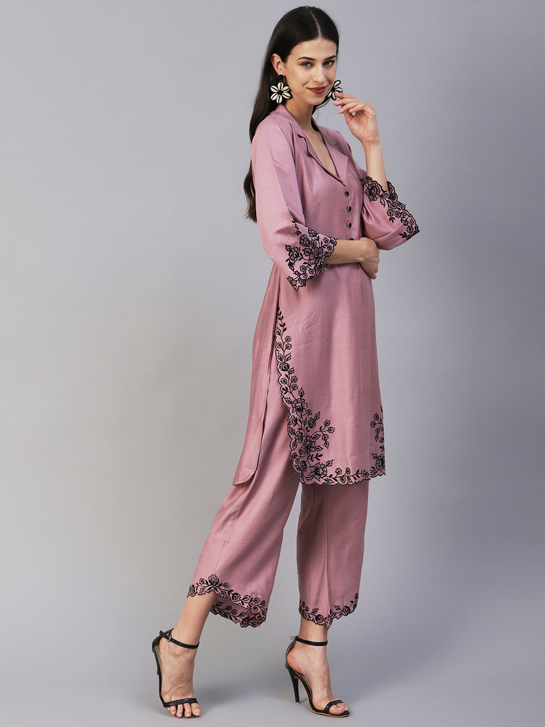 Solid Floral Embroidered Straight Fit Co-ord Set - Lavender