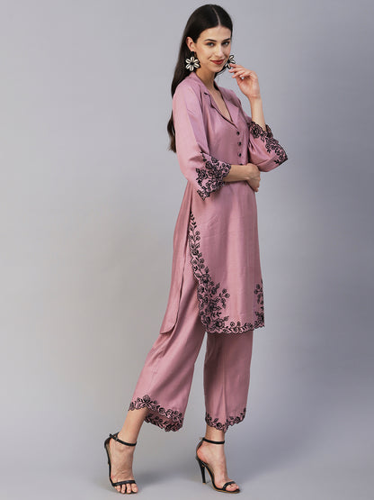Solid Floral Embroidered Straight Fit Co-ord Set - Lavender