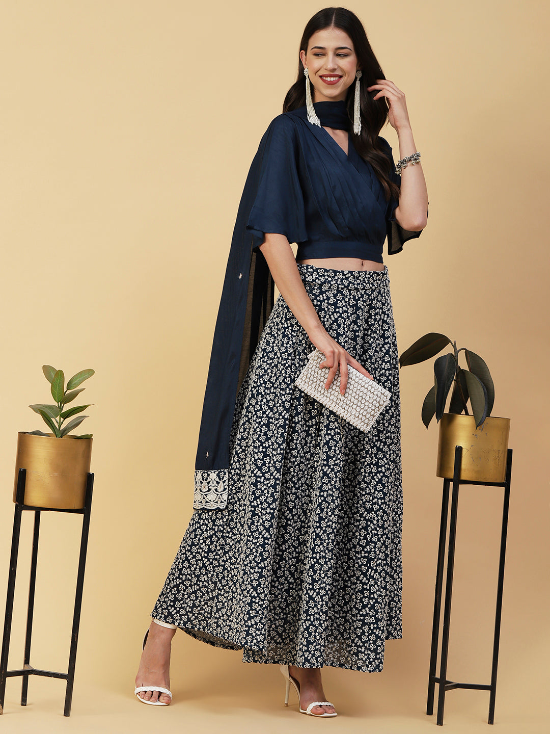 Solid Pleated Crop Top With Resham & Sequins Embroidered Flared Skirt & Dupatta - Blue