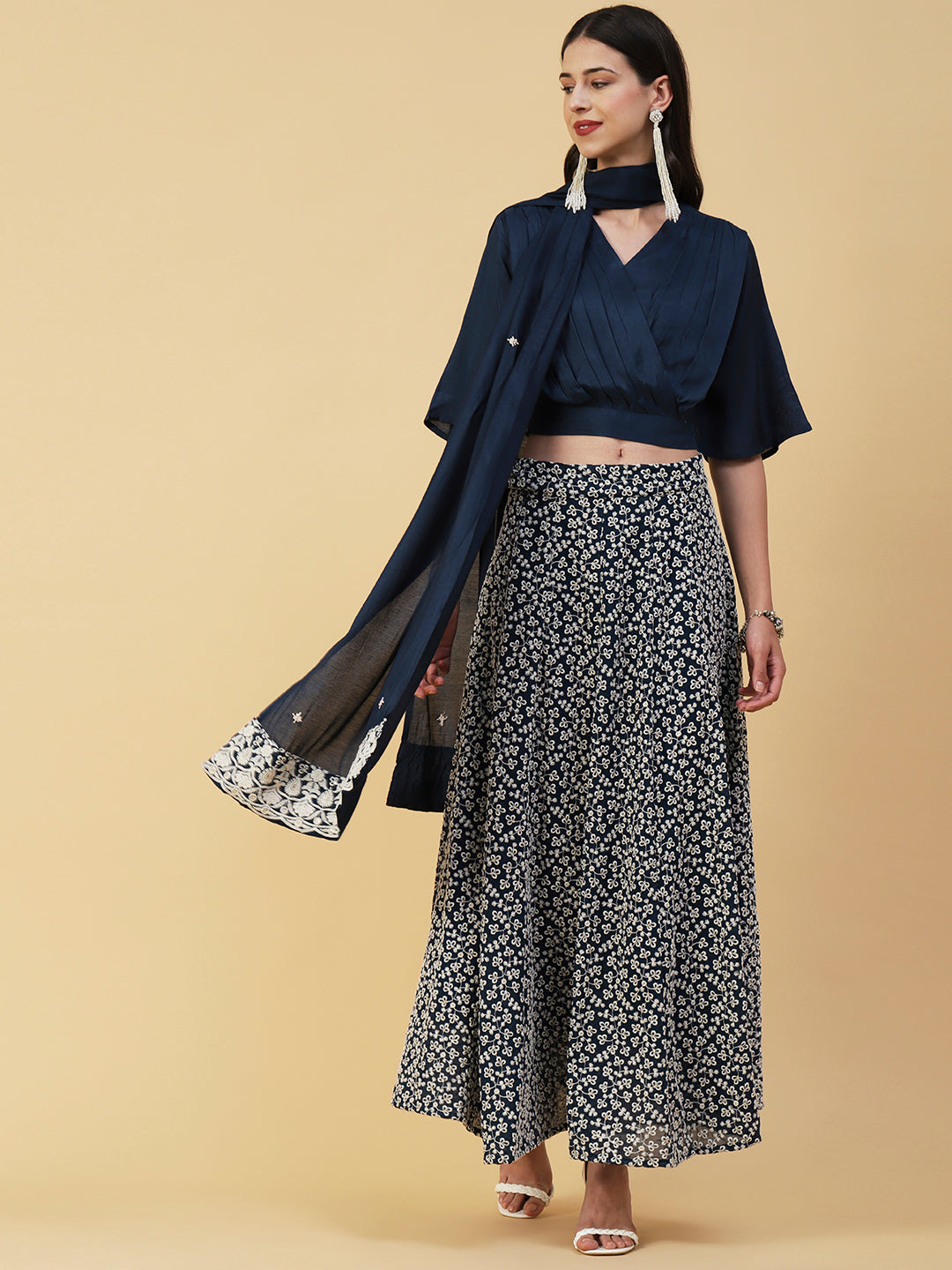 Solid Pleated Crop Top With Resham & Sequins Embroidered Flared Skirt & Dupatta - Blue