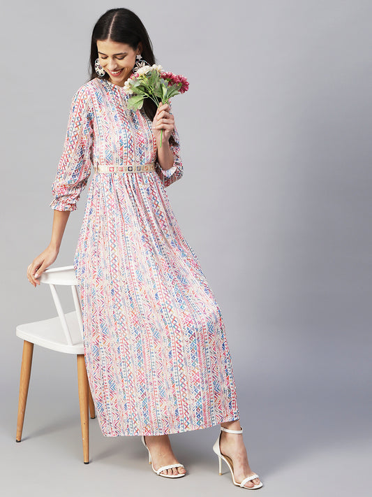 Abstract & Geometric Printed Gathered Maxi Dress With Zari Embroidered Waist Belt - Multi