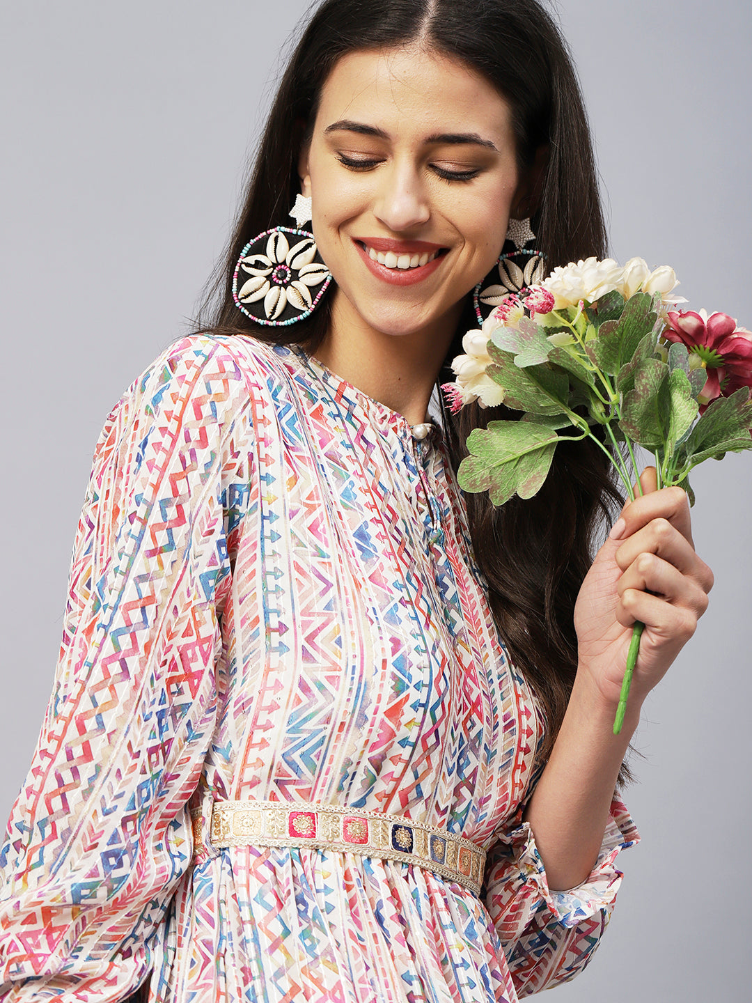 Abstract & Geometric Printed Gathered Maxi Dress With Zari Embroidered Waist Belt - Multi