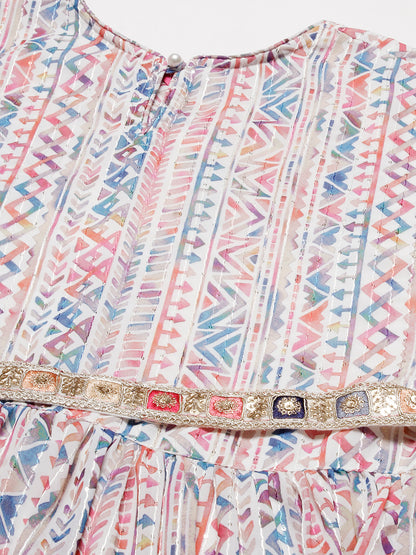 Abstract & Geometric Printed Gathered Maxi Dress With Zari Embroidered Waist Belt - Multi