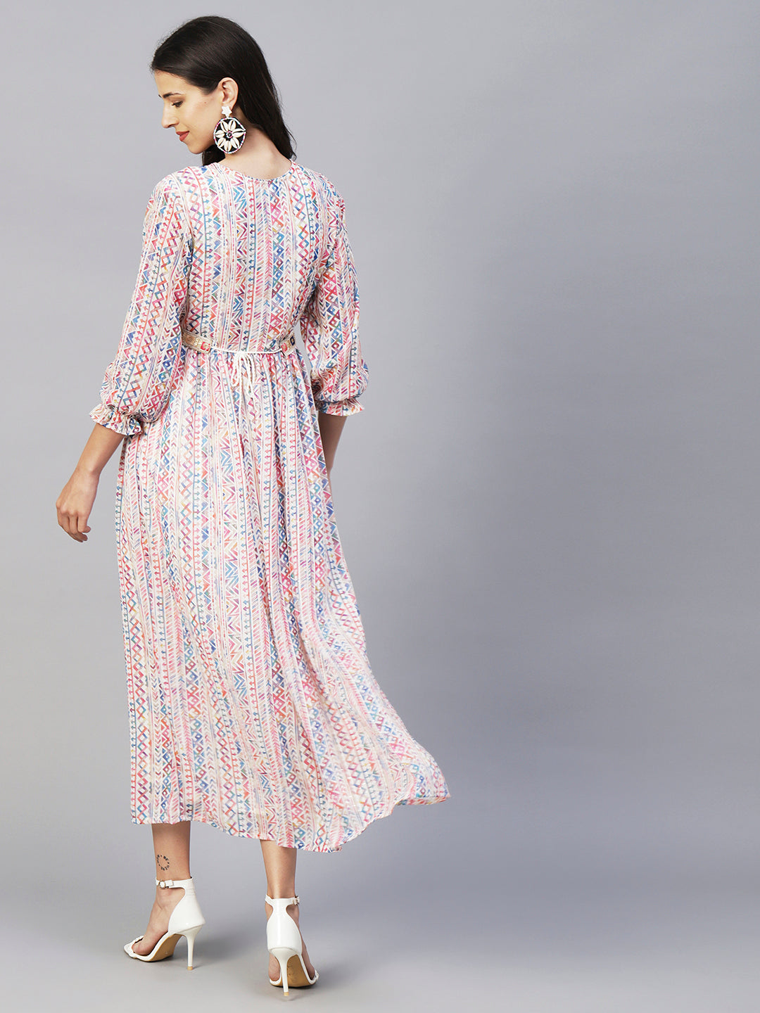 Abstract & Geometric Printed Gathered Maxi Dress With Zari Embroidered Waist Belt - Multi