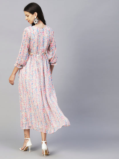 Abstract & Geometric Printed Gathered Maxi Dress With Zari Embroidered Waist Belt - Multi