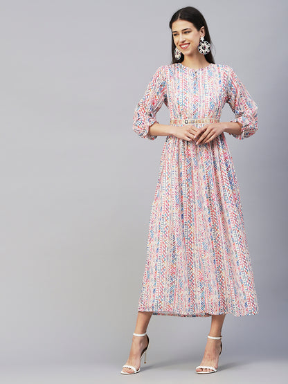 Abstract & Geometric Printed Gathered Maxi Dress With Zari Embroidered Waist Belt - Multi