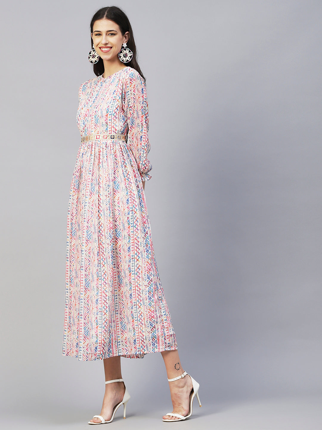 Abstract & Geometric Printed Gathered Maxi Dress With Zari Embroidered Waist Belt - Multi