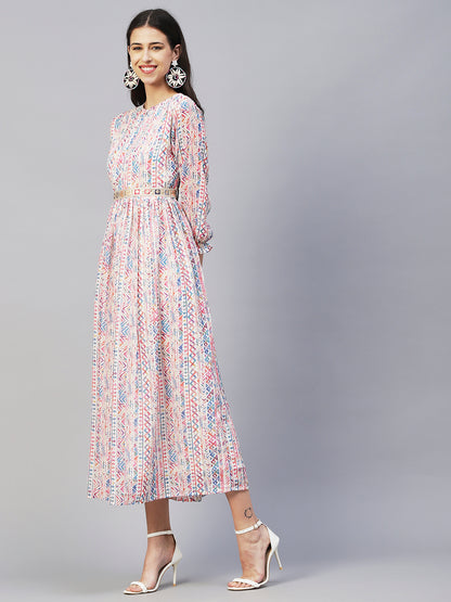 Abstract & Geometric Printed Gathered Maxi Dress With Zari Embroidered Waist Belt - Multi