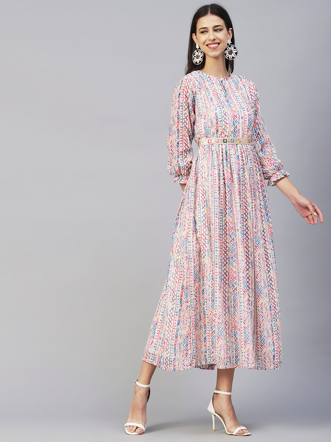 Abstract & Geometric Printed Gathered Maxi Dress With Zari Embroidered Waist Belt - Multi