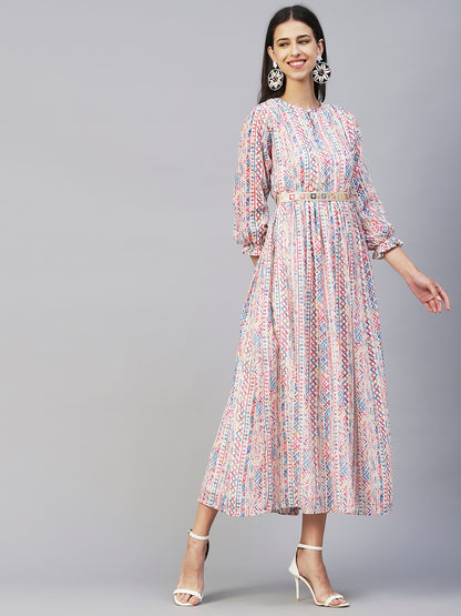 Abstract & Geometric Printed Gathered Maxi Dress With Zari Embroidered Waist Belt - Multi
