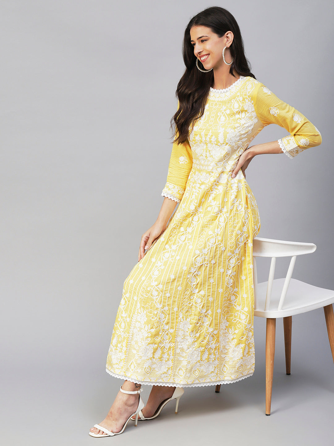 Solid Resham Embroidered & Crochet Lace Embellished Anarkali Maxi Gown - Yellow