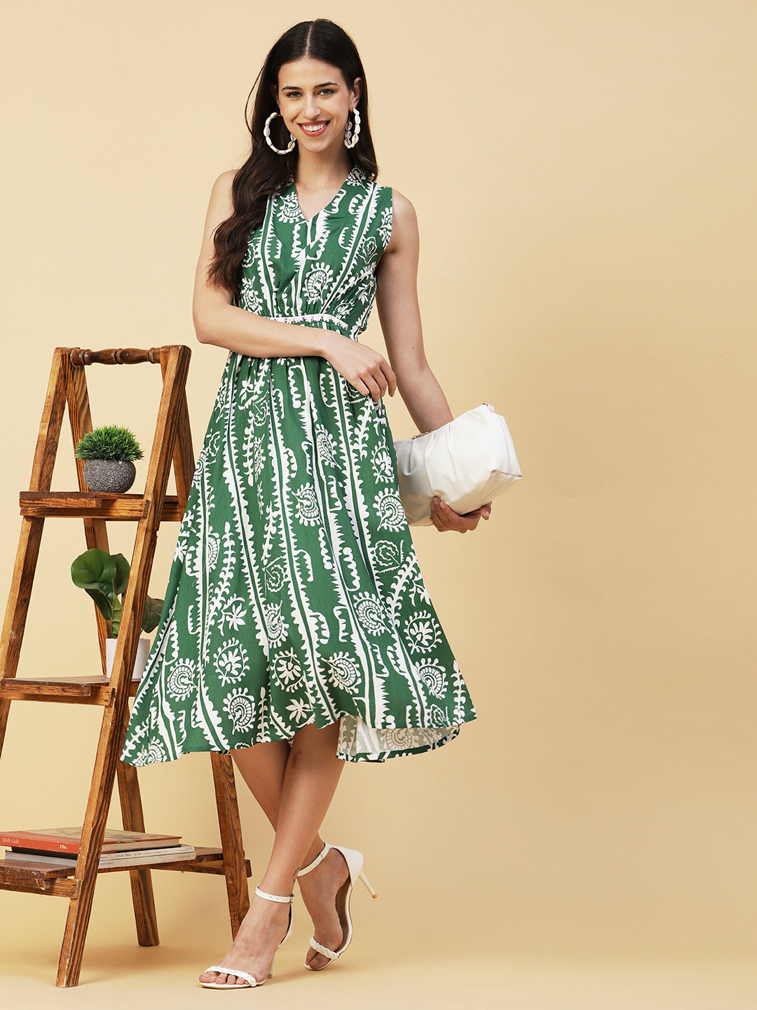 Ethnic Stripes Printed A-Line Fit & Flare Midi Dress - Green