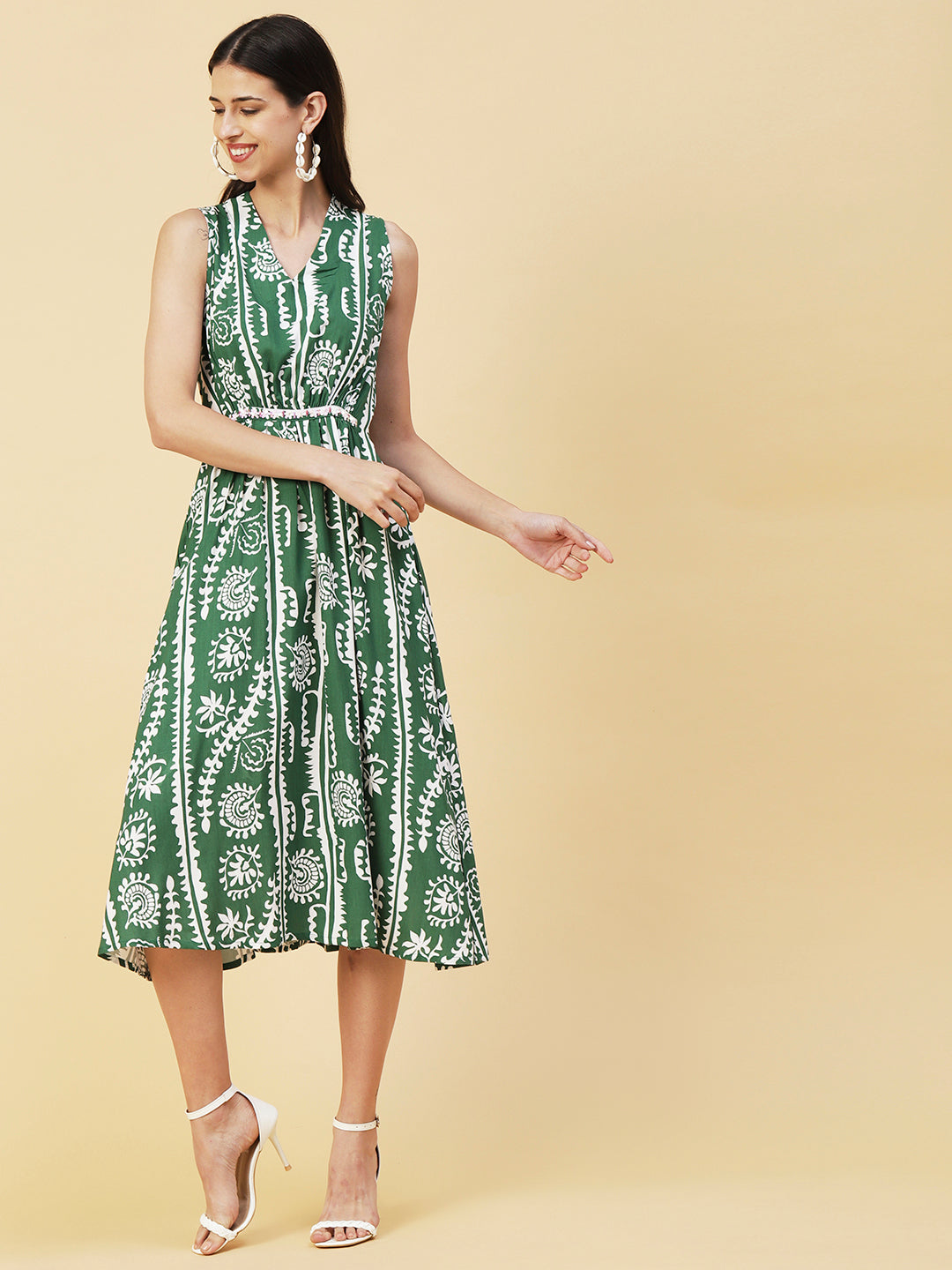 Ethnic Stripes Printed A-Line Fit & Flare Midi Dress - Green