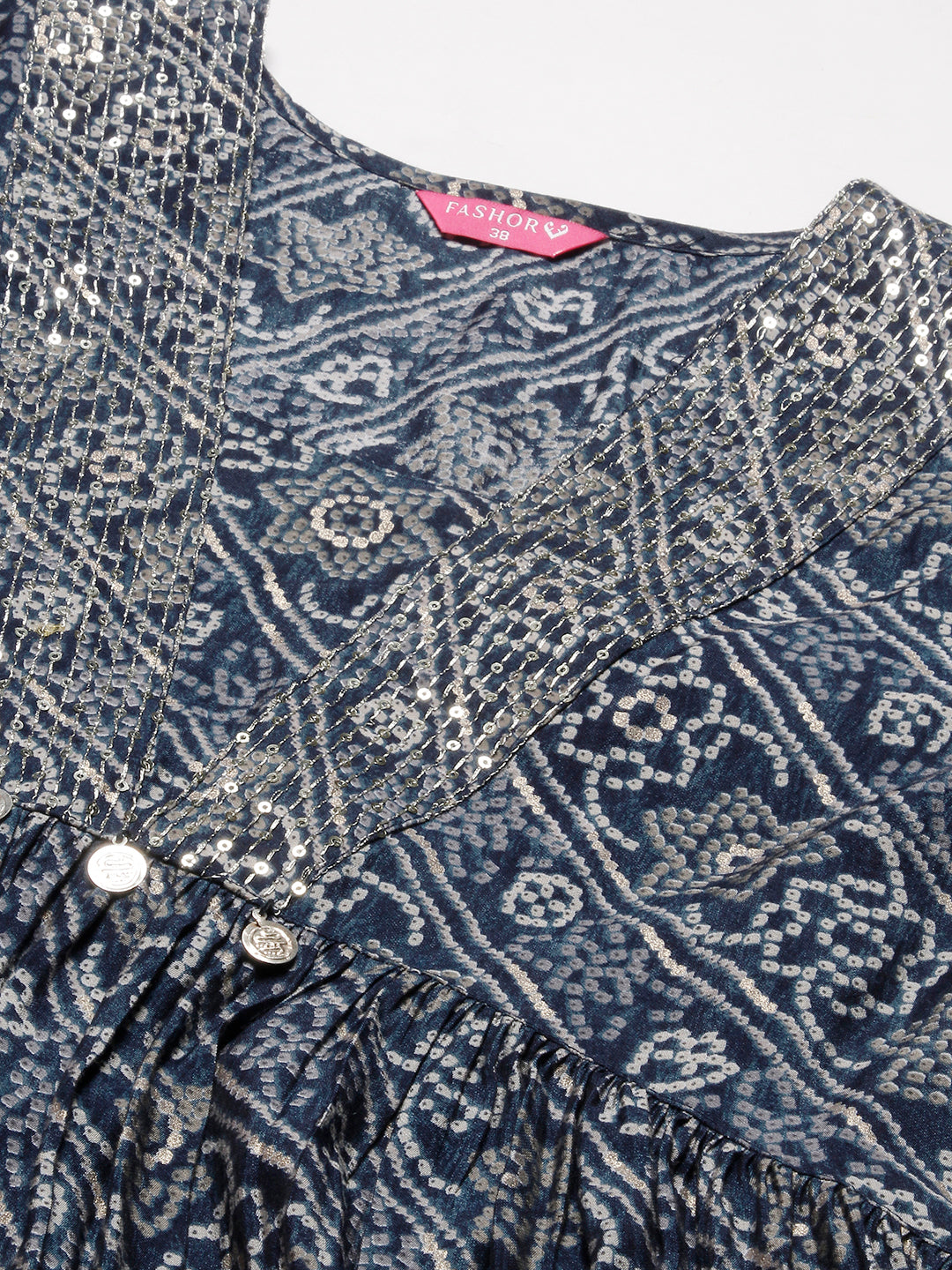 Bandhani Printed Sequins & Zari Embroidered Flared High Slit Kurta With Pants - Blue