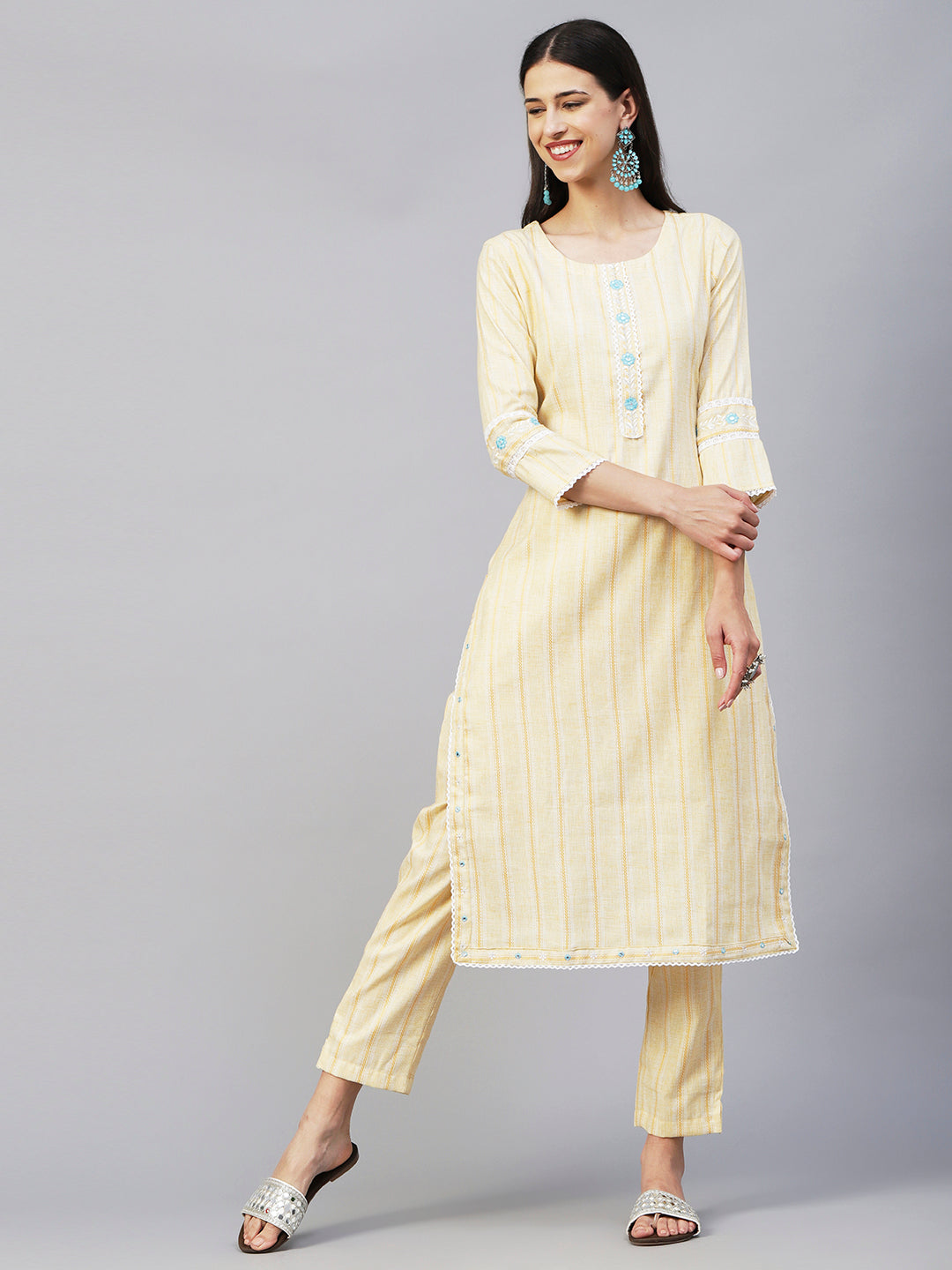 Solid Stripes Woven & Floral Embroidered Straight Fit Co-ord Set - Yellow
