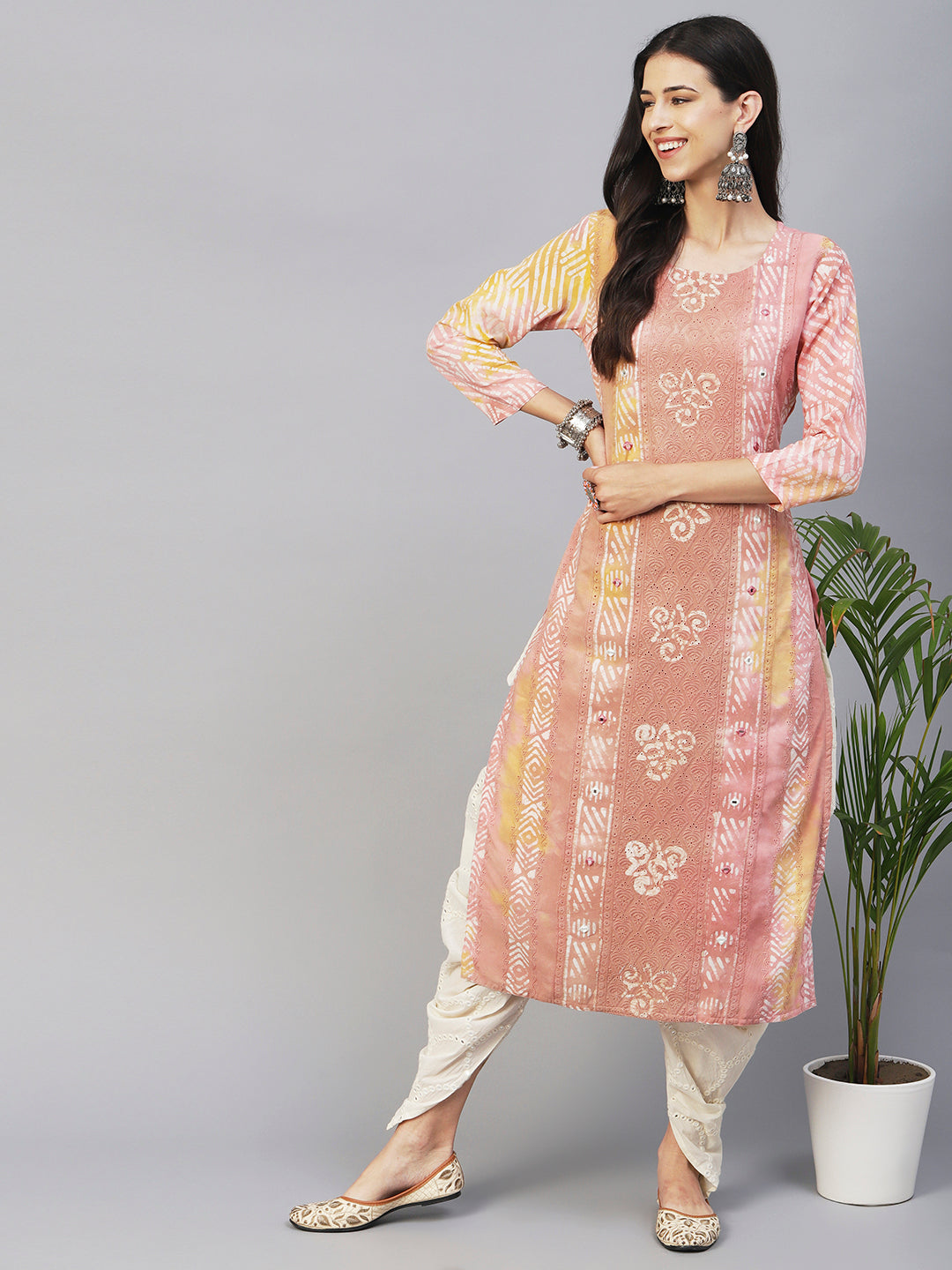 Bandhani Printed Kurta & Embroidered Jacket with Solid Ankle Pant