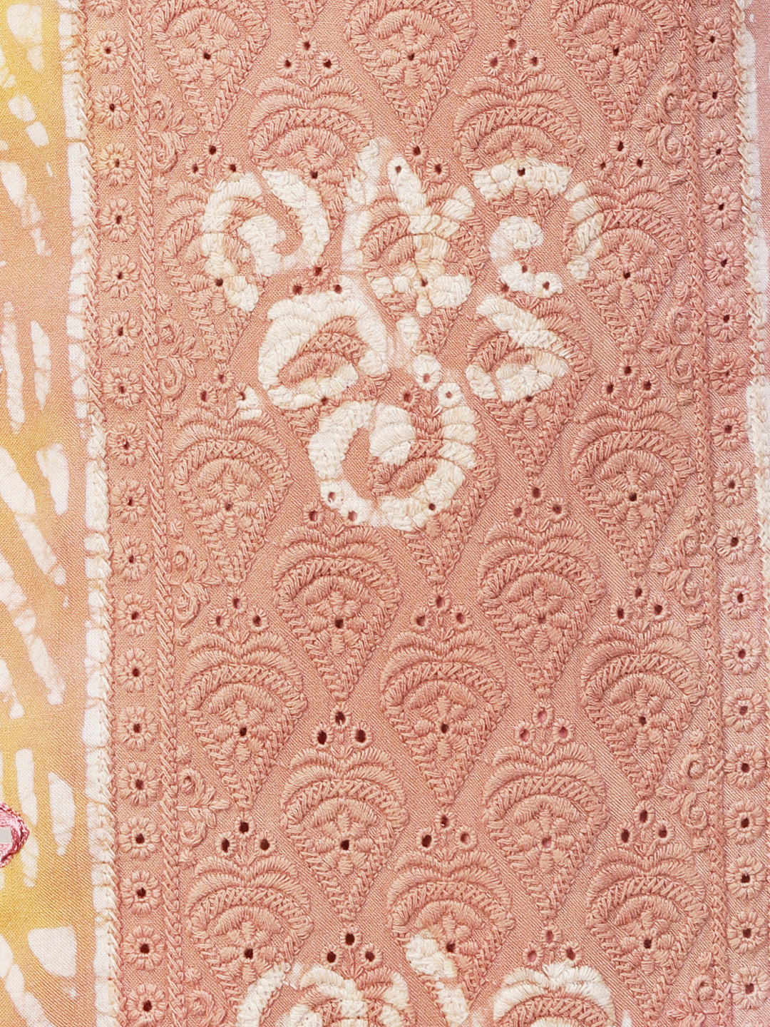Batik Printed Mirror Embroidered Schiffili Kurta - Peach & Brown