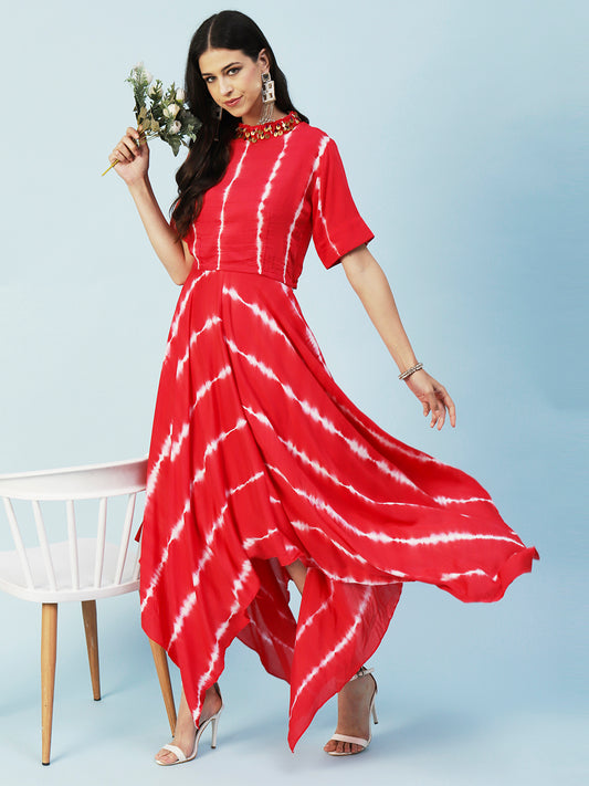 Tie - Dyed Paneled Asymmetric Fit & Flare Maxi Dress with Crop Top - Red