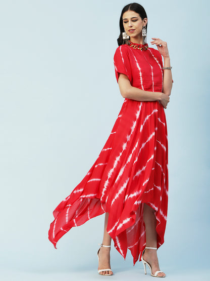 Tie - Dyed Paneled Asymmetric Fit & Flare Maxi Dress with Crop Top - Red