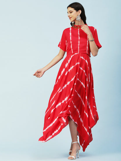 Tie - Dyed Paneled Asymmetric Fit & Flare Maxi Dress with Crop Top - Red