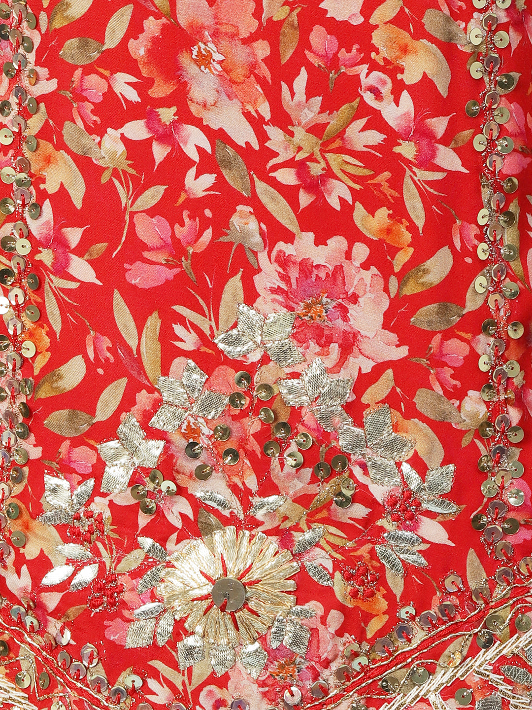 Floral Printed Gotapatti Embroidered Kurta With Sharara & Dupatta - Red