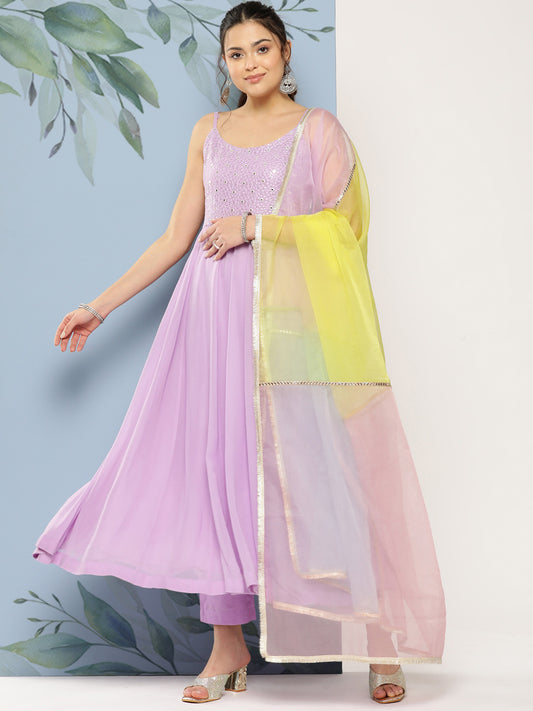 Solid Embroidered Anarkali Kurta with Pant & Colorblocked Dupatta - Lavender