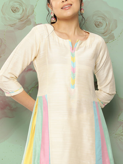 Solid Colorblocked A-Line Kurta with Pant - Off White