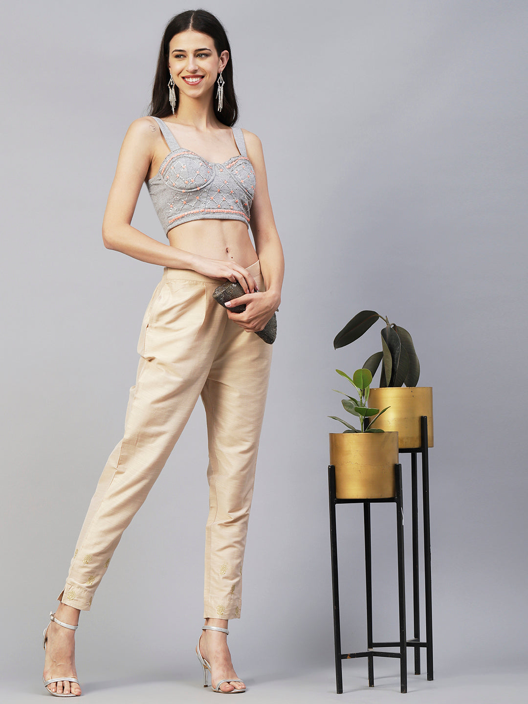 Solid Zari Floral Embroidered Pants - Beige