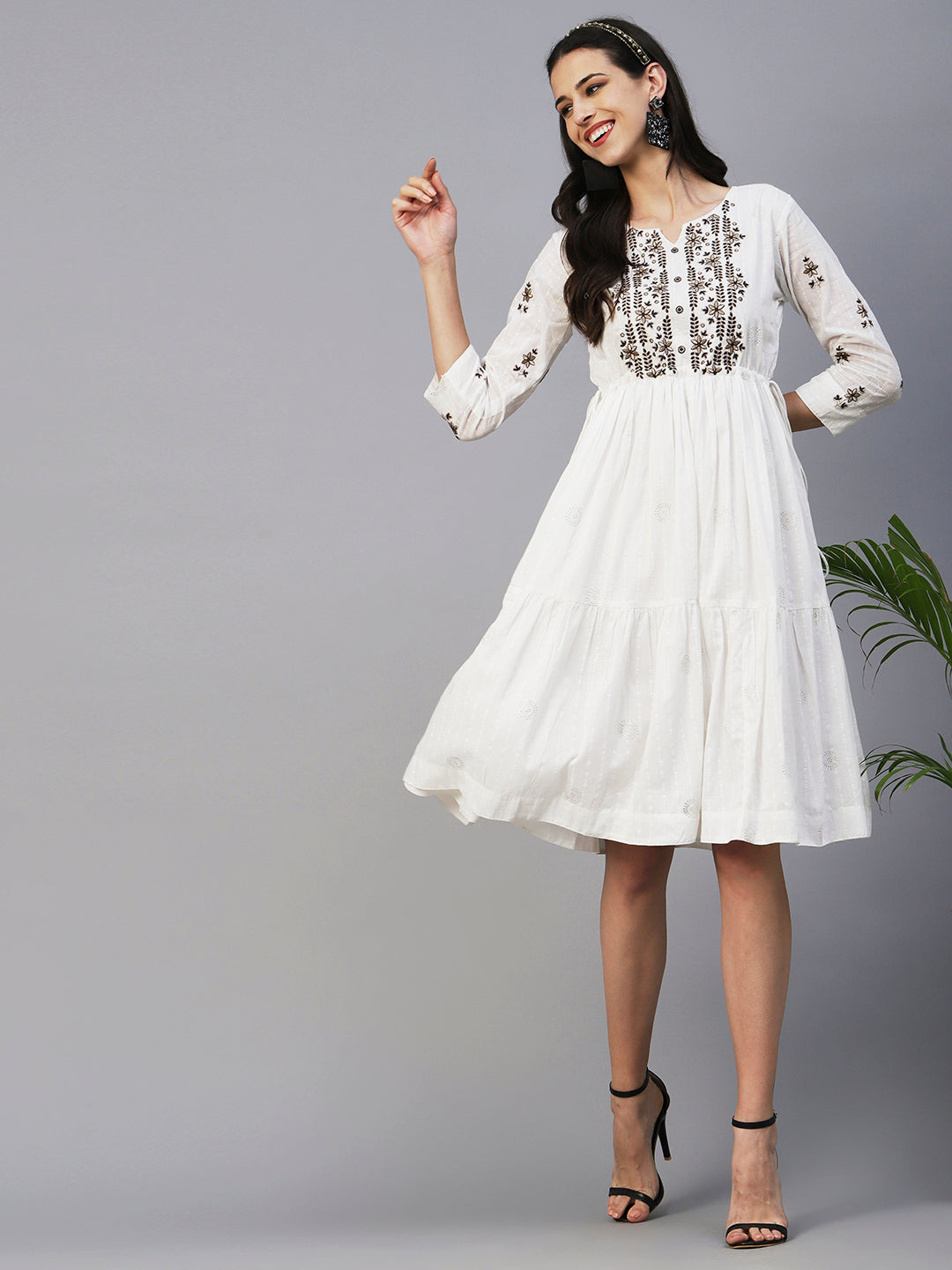 Khari Printed Zari & Resham Embroidered Tiered Midi Dress - White