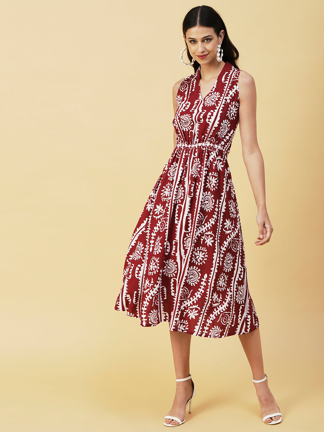 Abstract & Ethnic Printed Sequins Embroidered Pleated Dress - Maroon