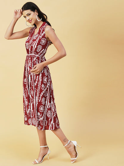 Abstract & Ethnic Printed Sequins Embroidered Pleated Dress - Maroon