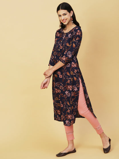 Abstract Floral Printed Buttoned Kurta - Navy Blue