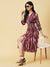 Abstract Printed Smocked Waistline & Sleeves Midi Dress - Mauve