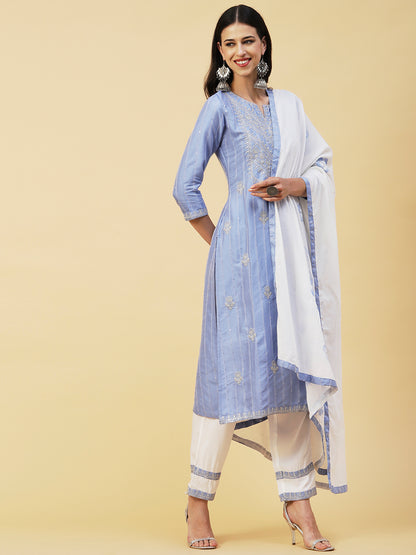Woven Sequins Striped Zari Dori Embroidered Kurta With Pants & Hand Painted Dupatta - Blue