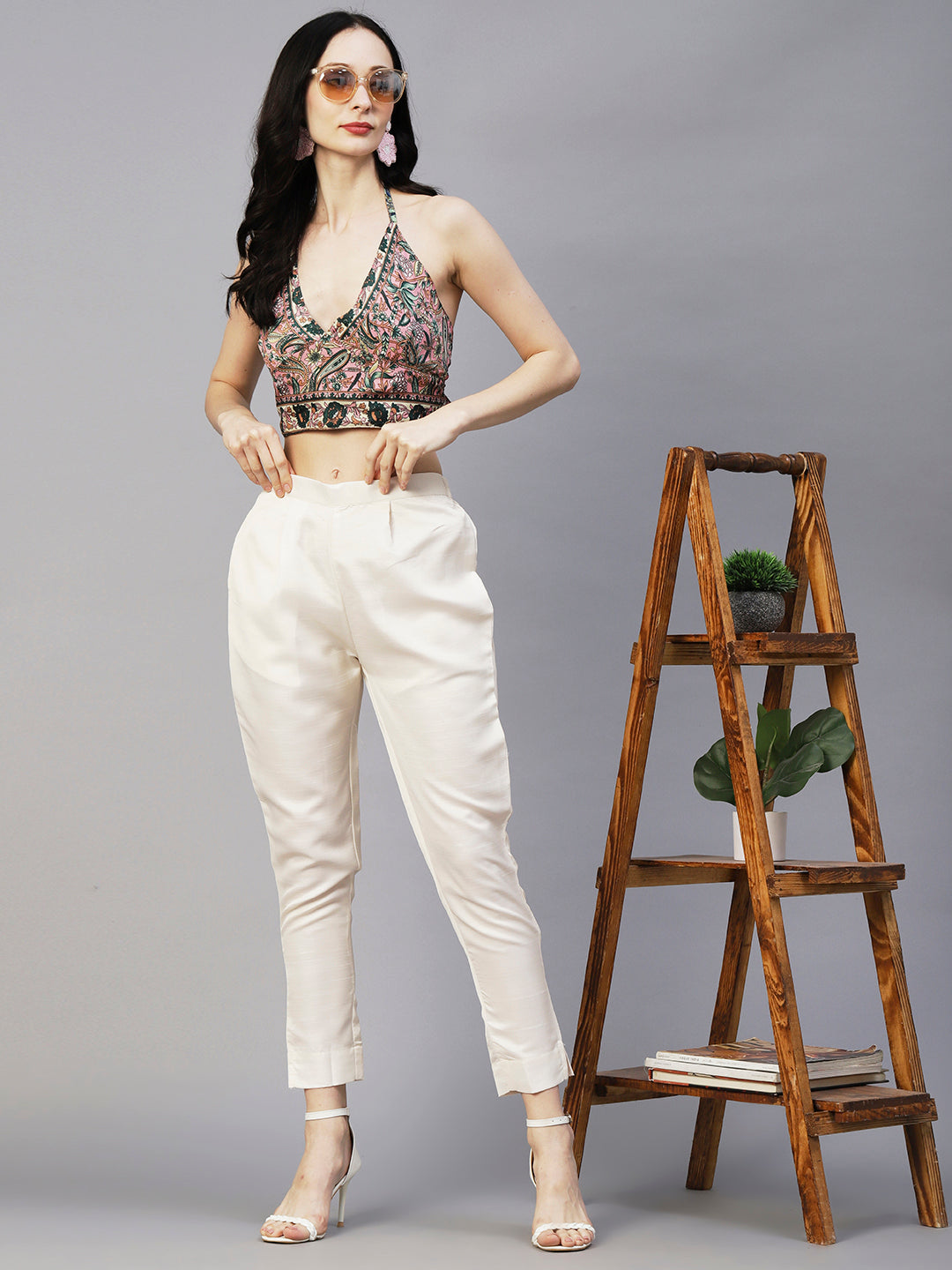 Solid Textured Straight Fit Ankle Pant - Cream