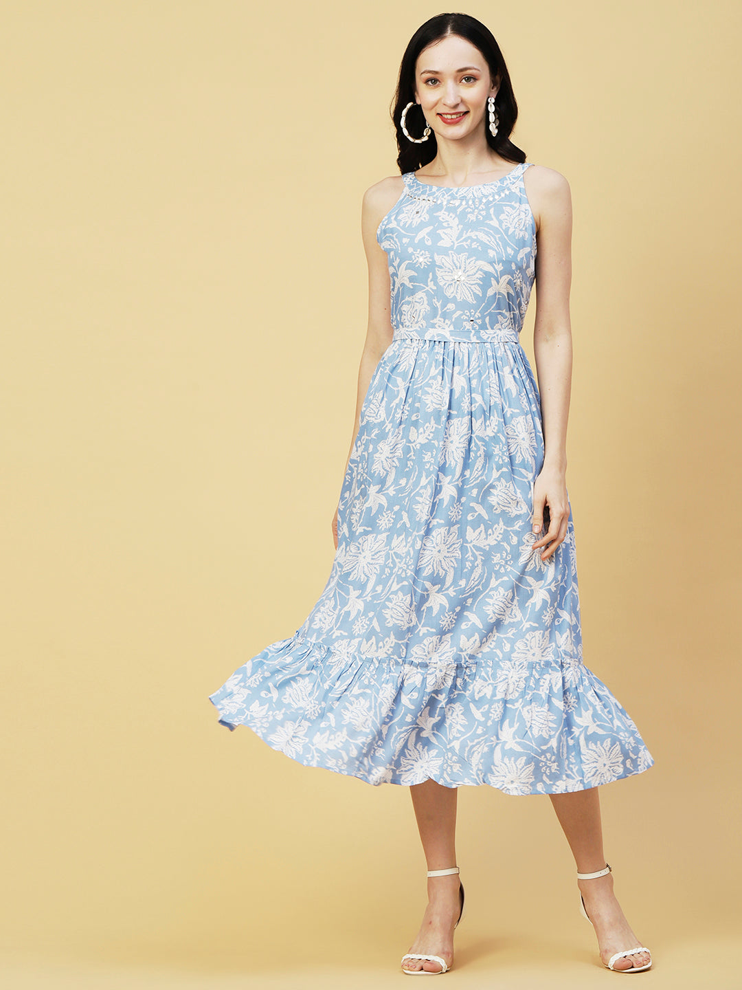 Abstract Floral Printed A-Line Fit & Flare Midi Dress with Belt - Blue