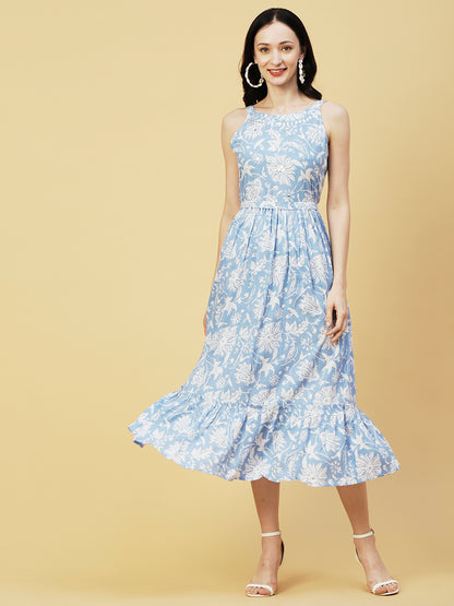 Abstract Floral Printed A-Line Fit & Flare Midi Dress with Belt - Blue