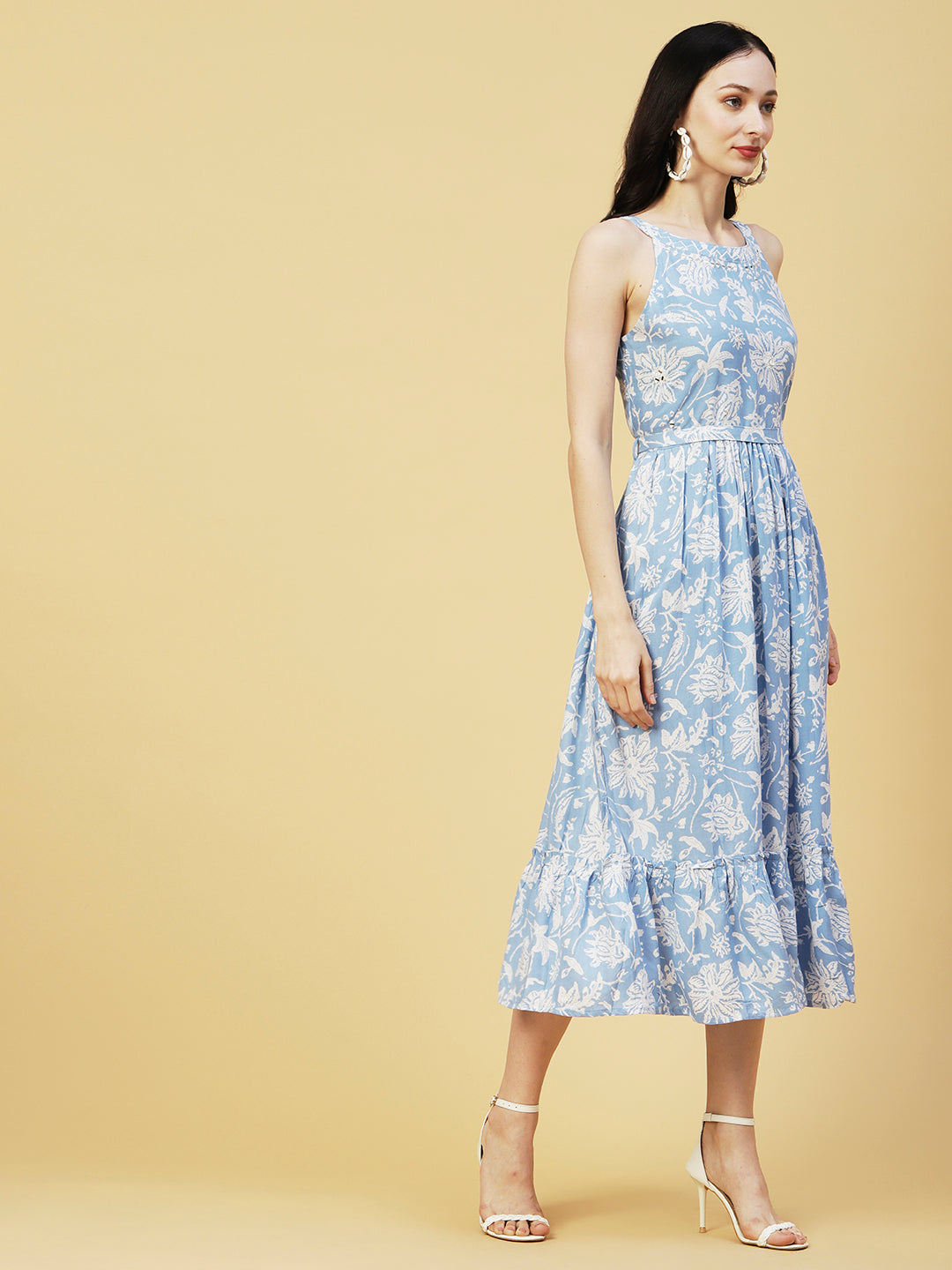 Abstract Floral Printed A-Line Fit & Flare Midi Dress with Belt - Blue