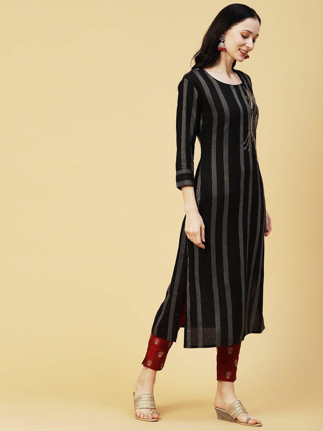 Woven Stripes & Ethnic Hand Embroidered Straight Fit Kurta - Black