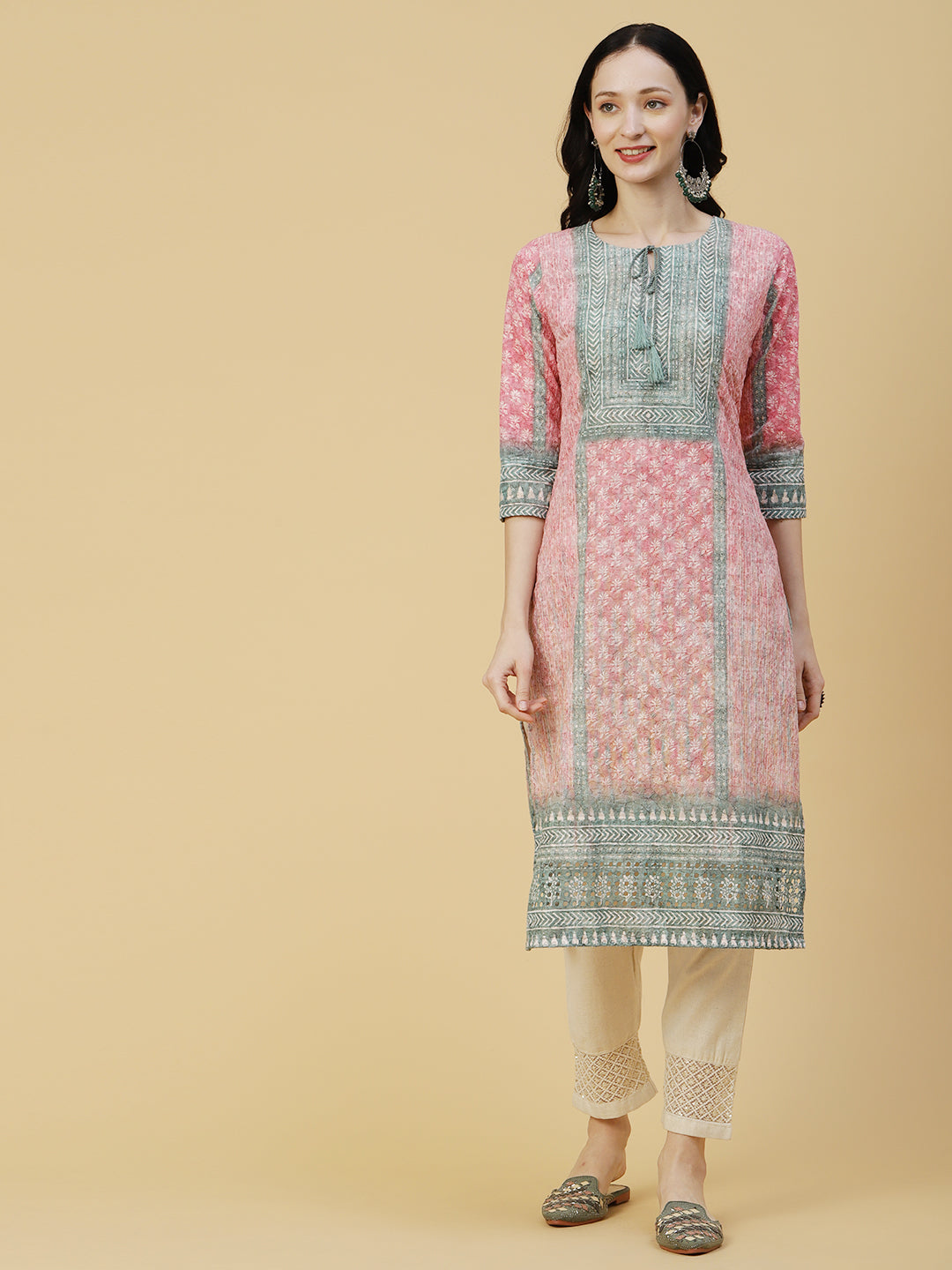 Ombre Dyed & Chikankari Embroidered Straight Fit Kurta - Pink