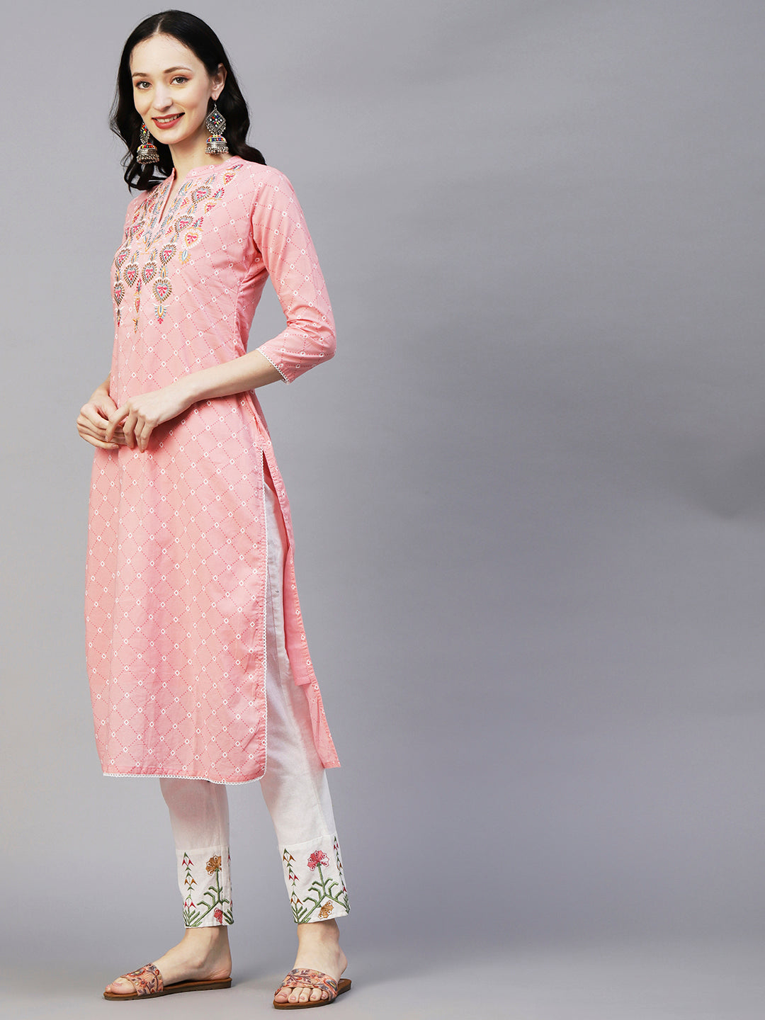 Geometric Printed Resham Ethnic Embroidered Kurta With Scallop Lace - Pink