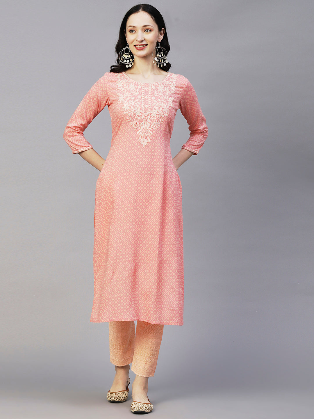 Abstract Barfi Printed Resham & Sequins Embroidered Kurta - Pink