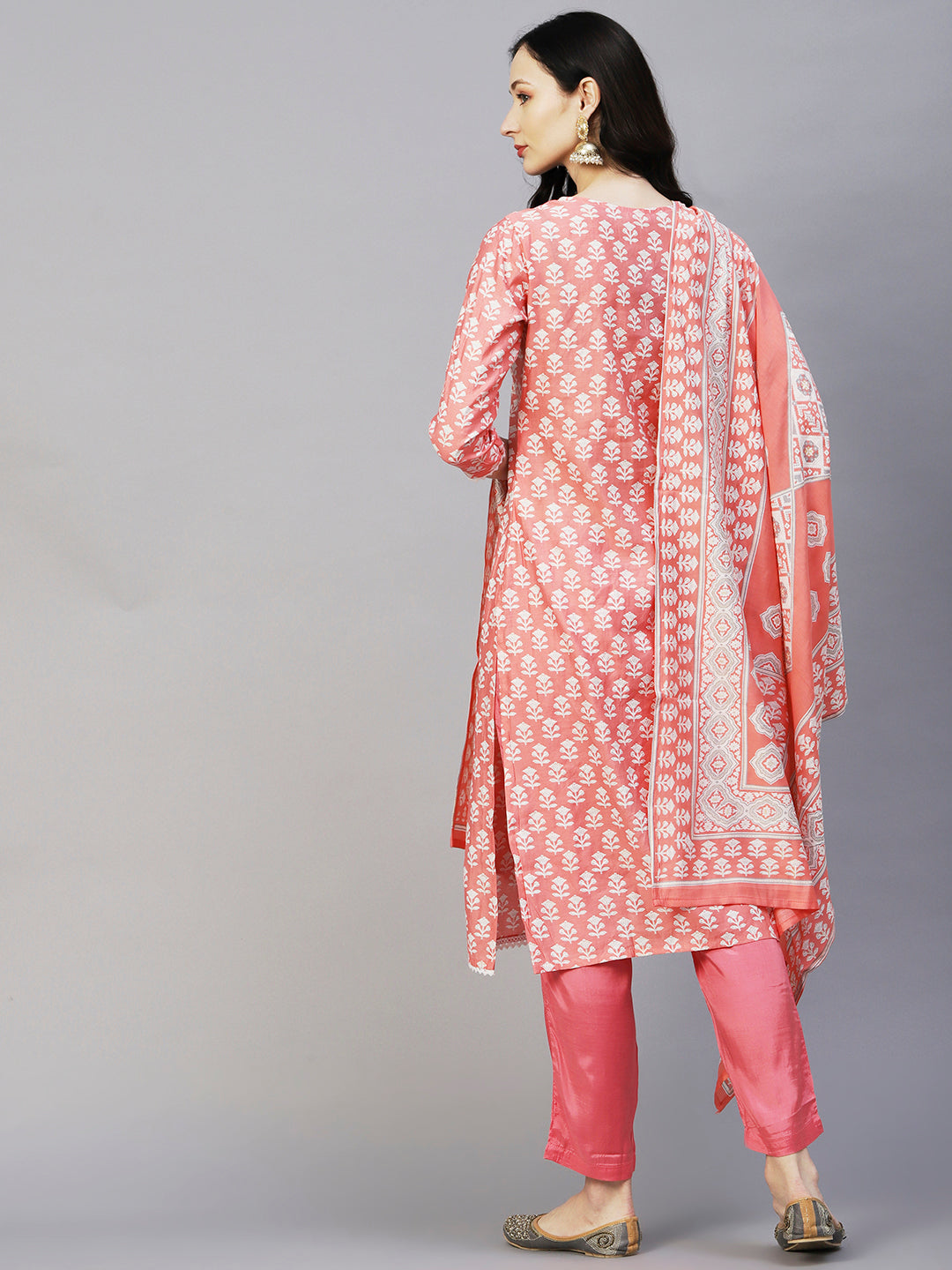 Floral Printed Resham Aari Embroidered Kurta With Pants & Printed Dupatta - Peach
