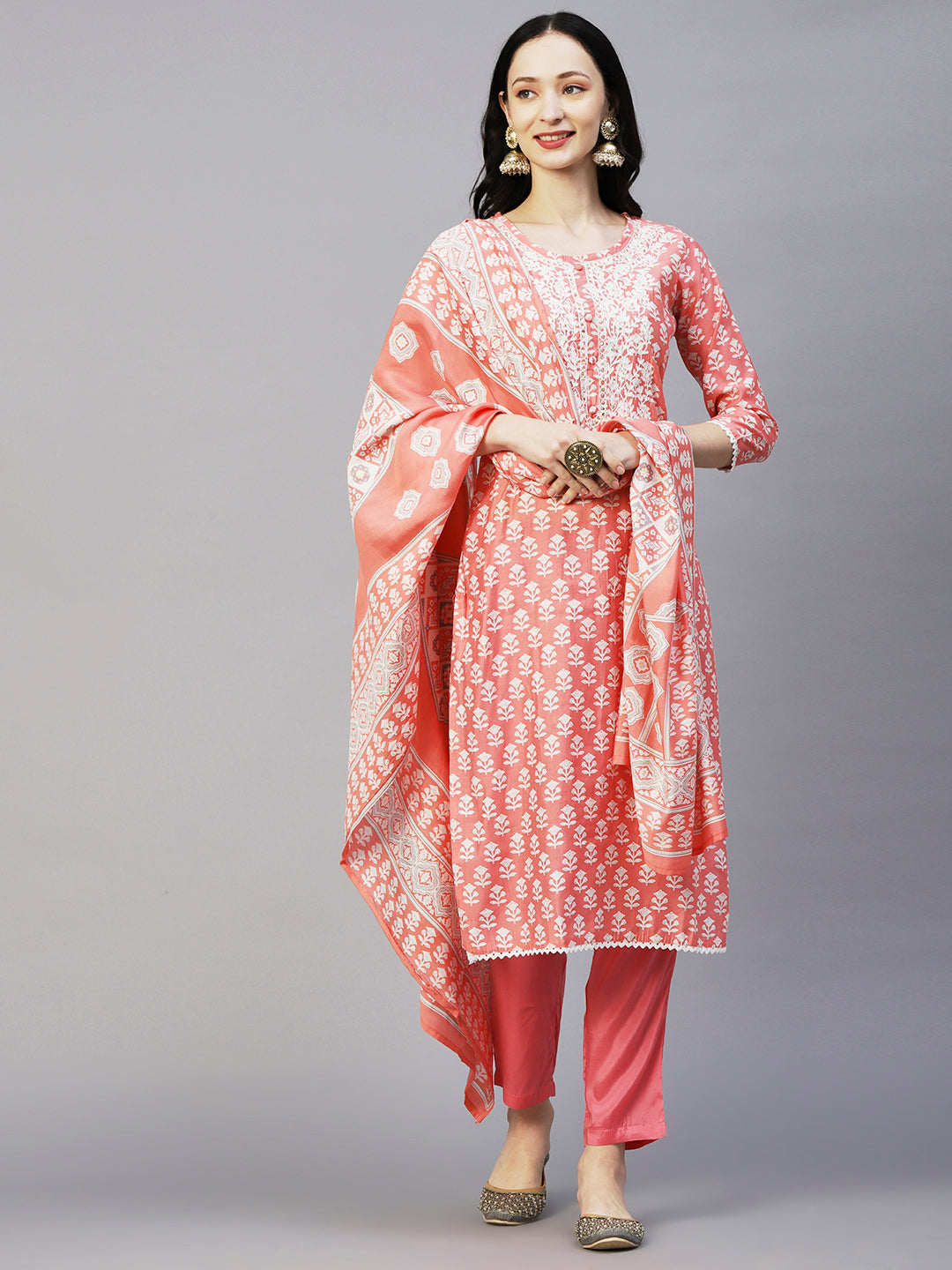 Floral Printed Resham Aari Embroidered Kurta With Pants & Printed Dupatta - Peach
