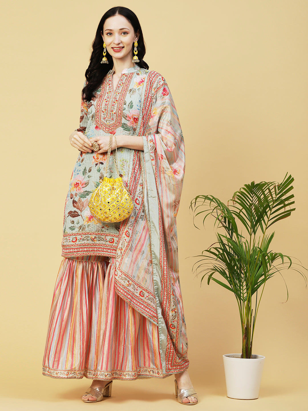 Abstract Floral Printed & Embroidered Straight Kurta with Sharara & Dupatta - Pastel Green