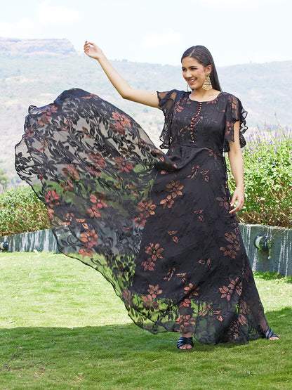Floral Printed Flared Maxi Dress - Black
