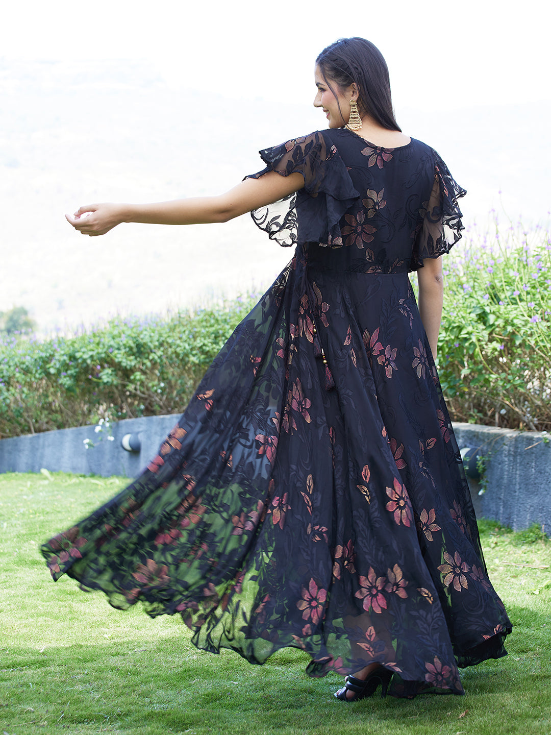 Farm Rio Fruit Garden Maxi Dress S Long Blouson Sleeve Floral Black Rainbow  New | eBay